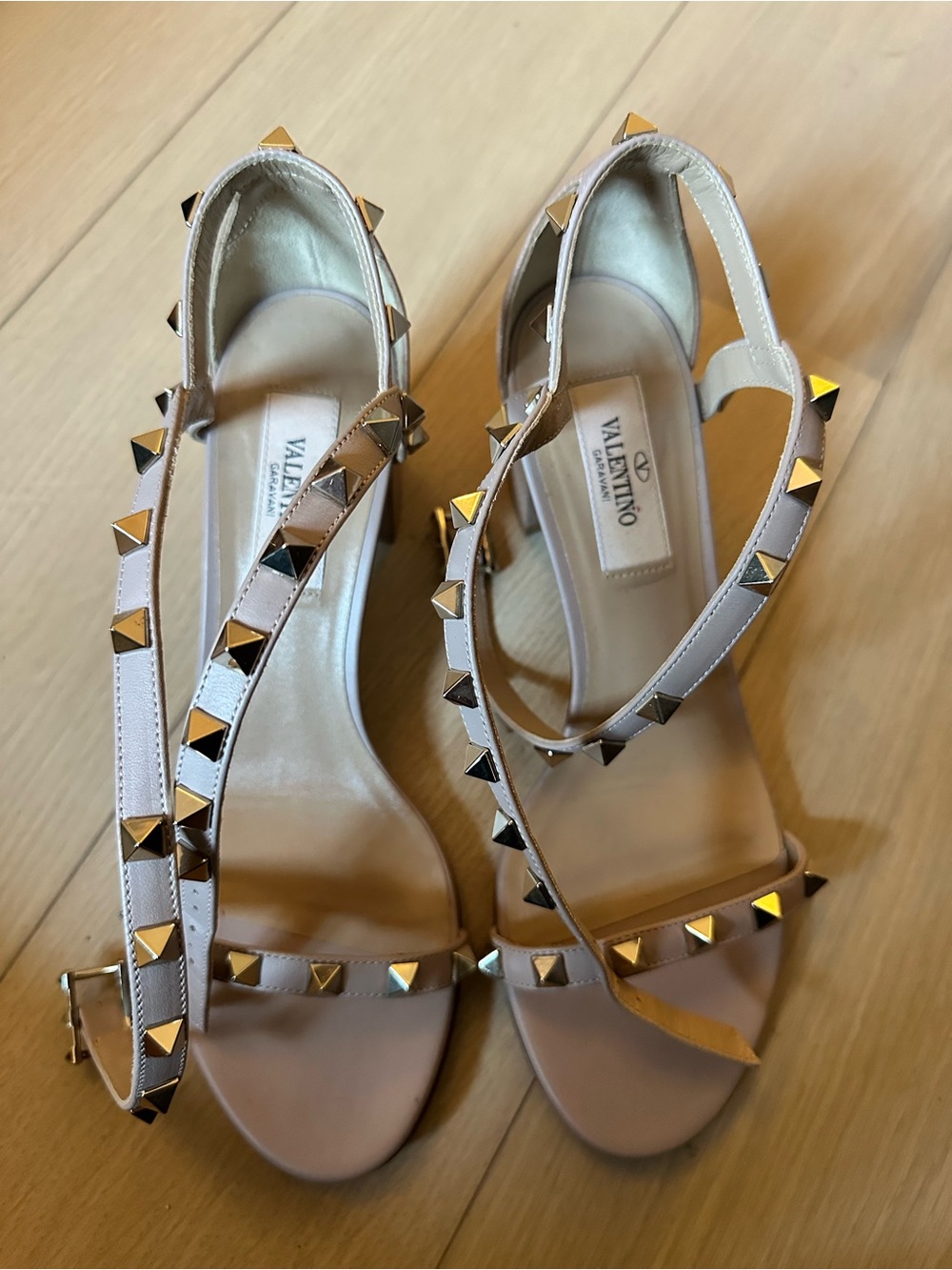 Valentino Nude Leather Rockstud Slingback Sandals with Gold Studs